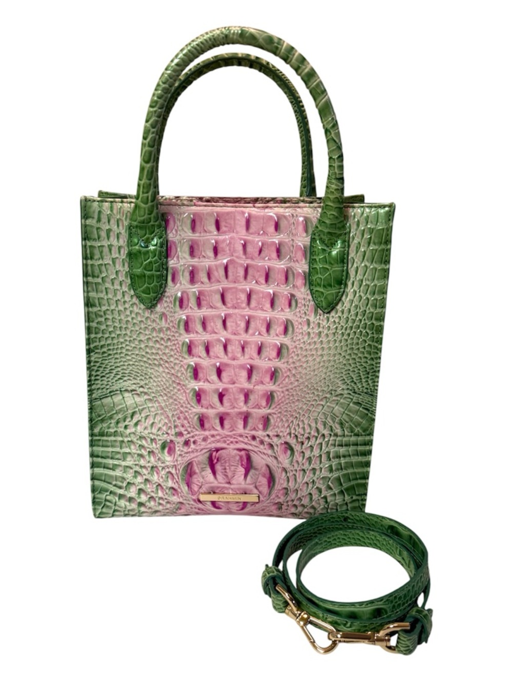 Brahmin Green & Pink Croc-Embossed Leather Tote & Wallet With Registration Card - Picture 3 of 15